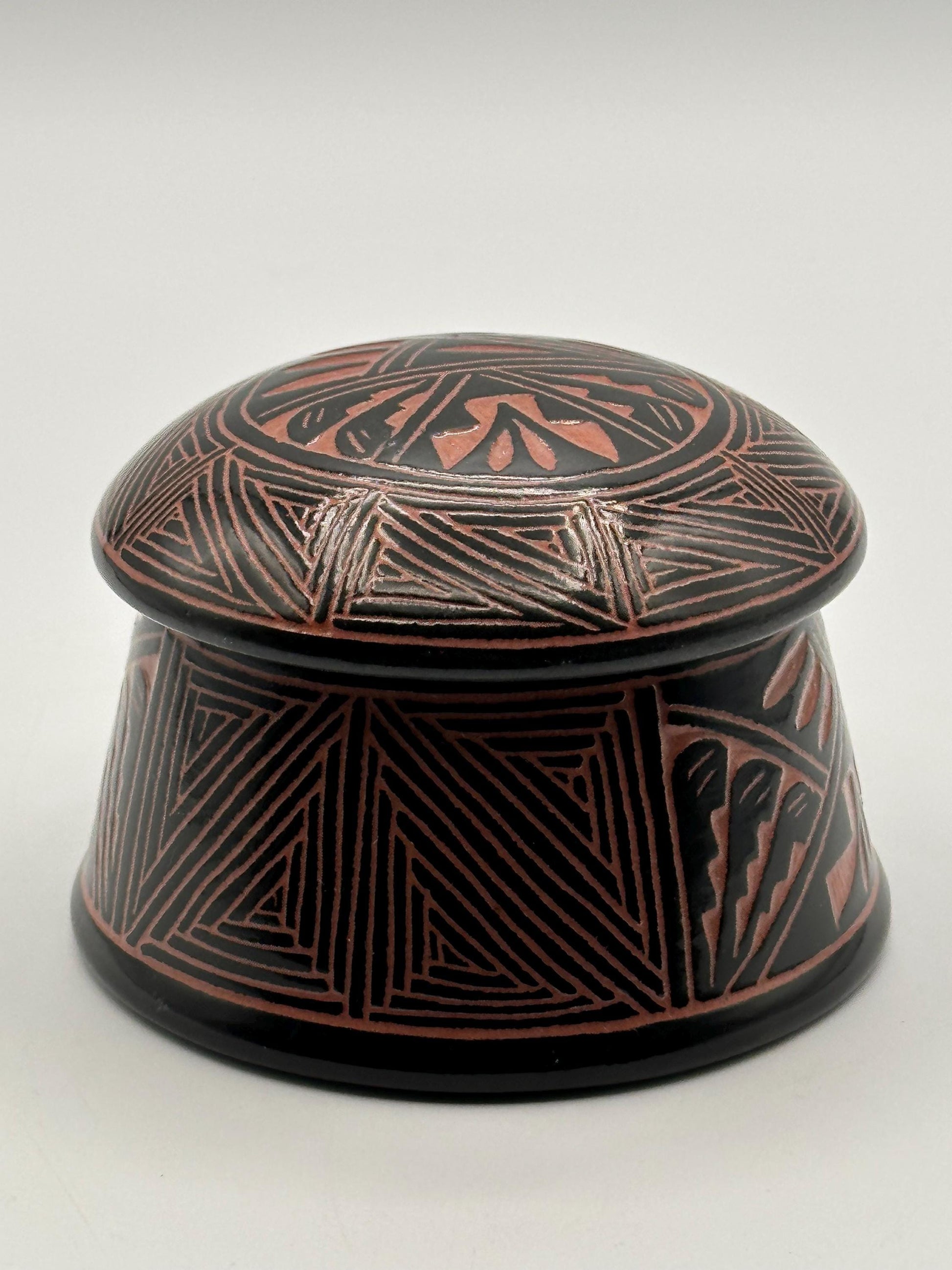 Artisan-Signed Geometric Pottery Jar with Lid - Tribal-Inspired Handcrafted Ceramic Container