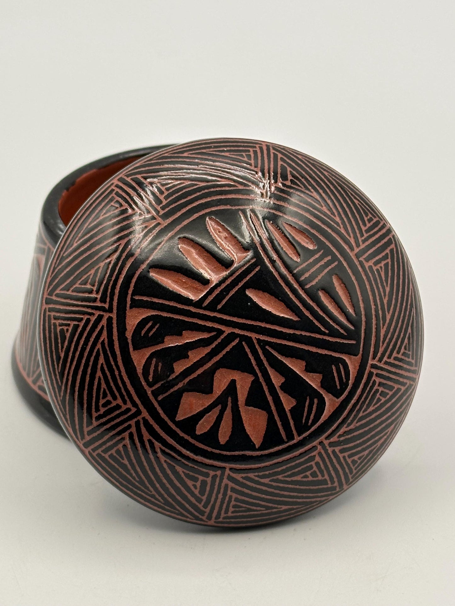 Artisan-Signed Geometric Pottery Jar with Lid - Tribal-Inspired Handcrafted Ceramic Container