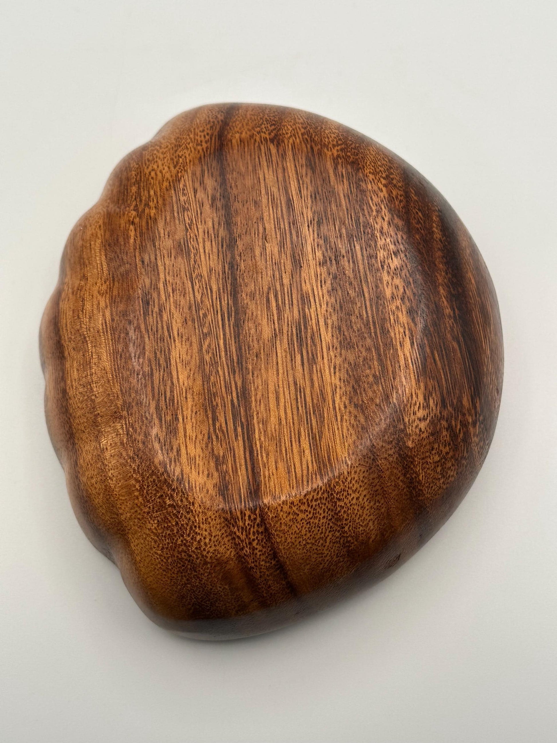 Vintage Hand Carved Wooden Bowl Scalloped Edge Mid Century Solid Wood Natural Grain Serving Decor