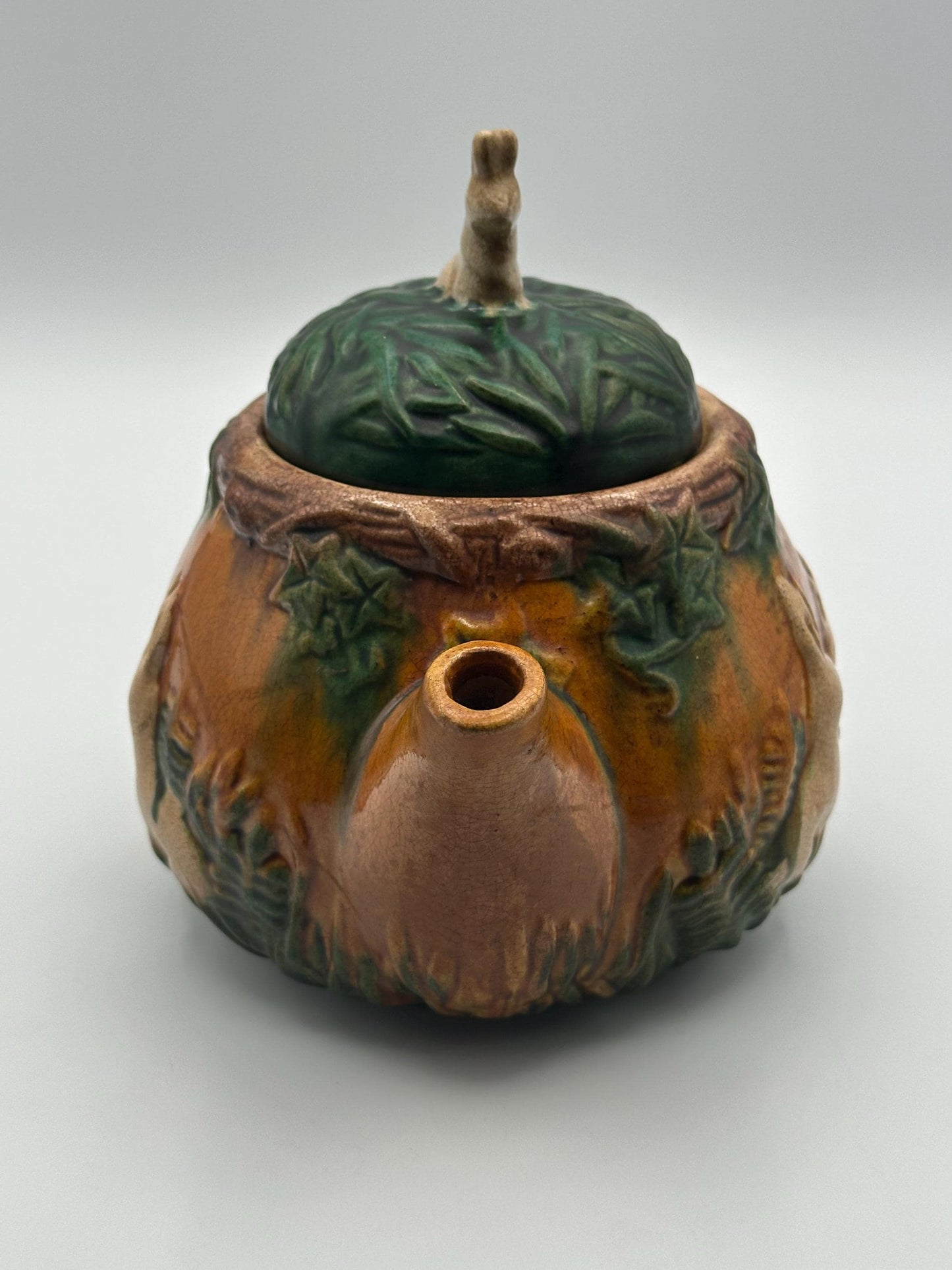 Vintage Art Nouveau Majolica Teapot Woodland Tree Leaf Design Antique Decorative Kitchen Decor