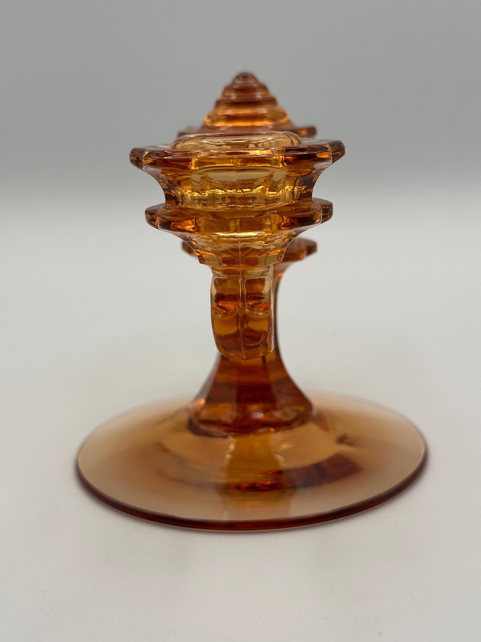 Vintage Amber Glass Double Candelabra Mid Century Pressed Two Arm Candle Holder Art Deco Style Home Decor