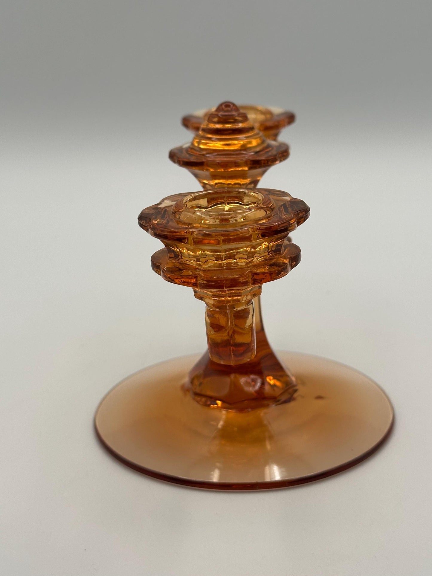 Vintage Amber Glass Double Candelabra Mid Century Pressed Two Arm Candle Holder Art Deco Style Home Decor