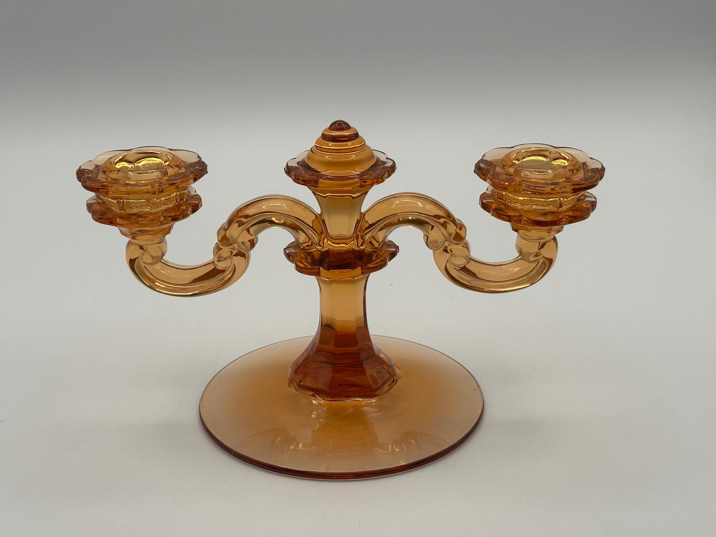 Vintage Amber Glass Double Candelabra Mid Century Pressed Two Arm Candle Holder Art Deco Style Home Decor