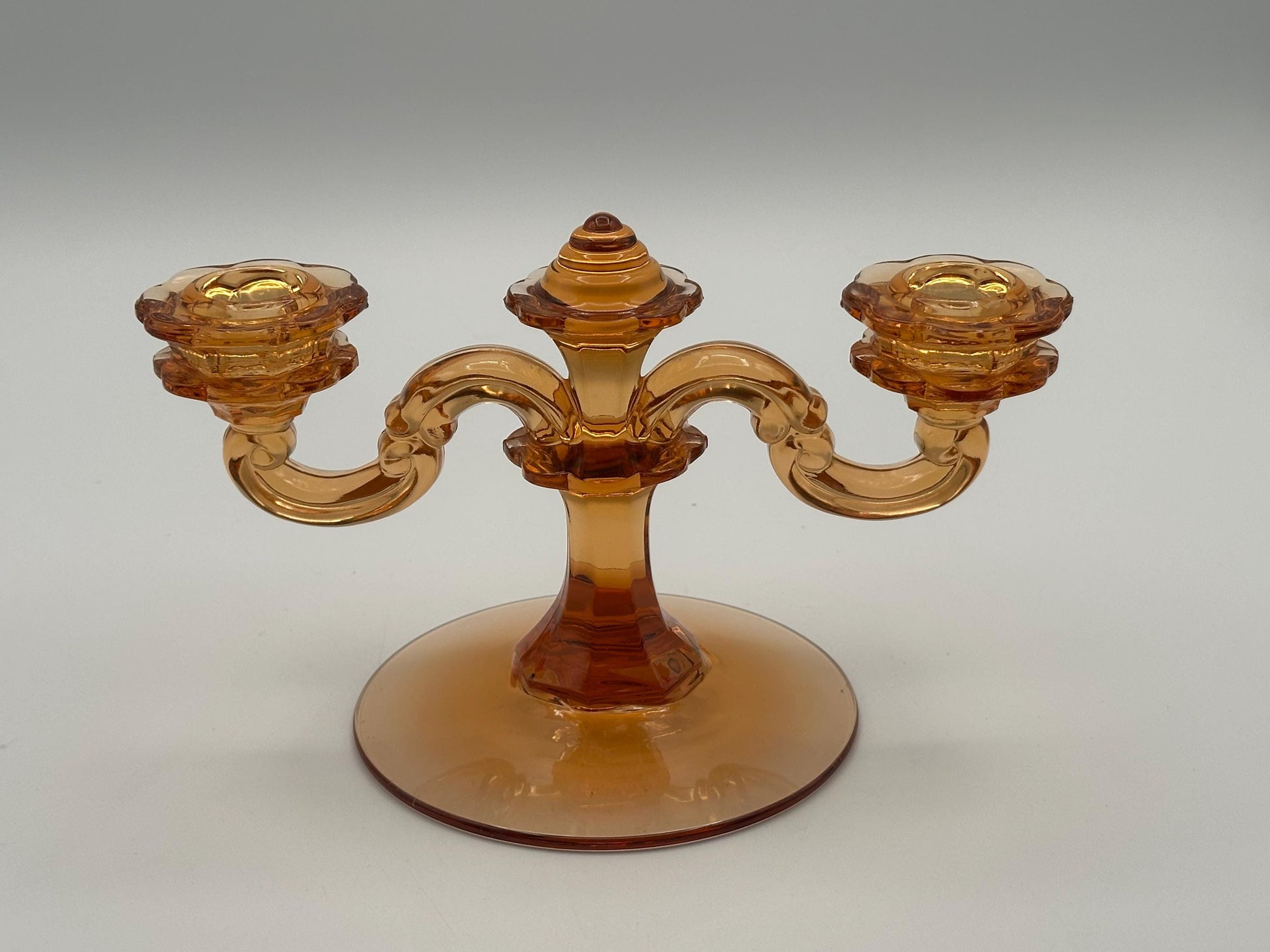 Vintage Amber Glass Double Candelabra Mid Century Pressed Two Arm Candle Holder Art Deco Style Home Decor