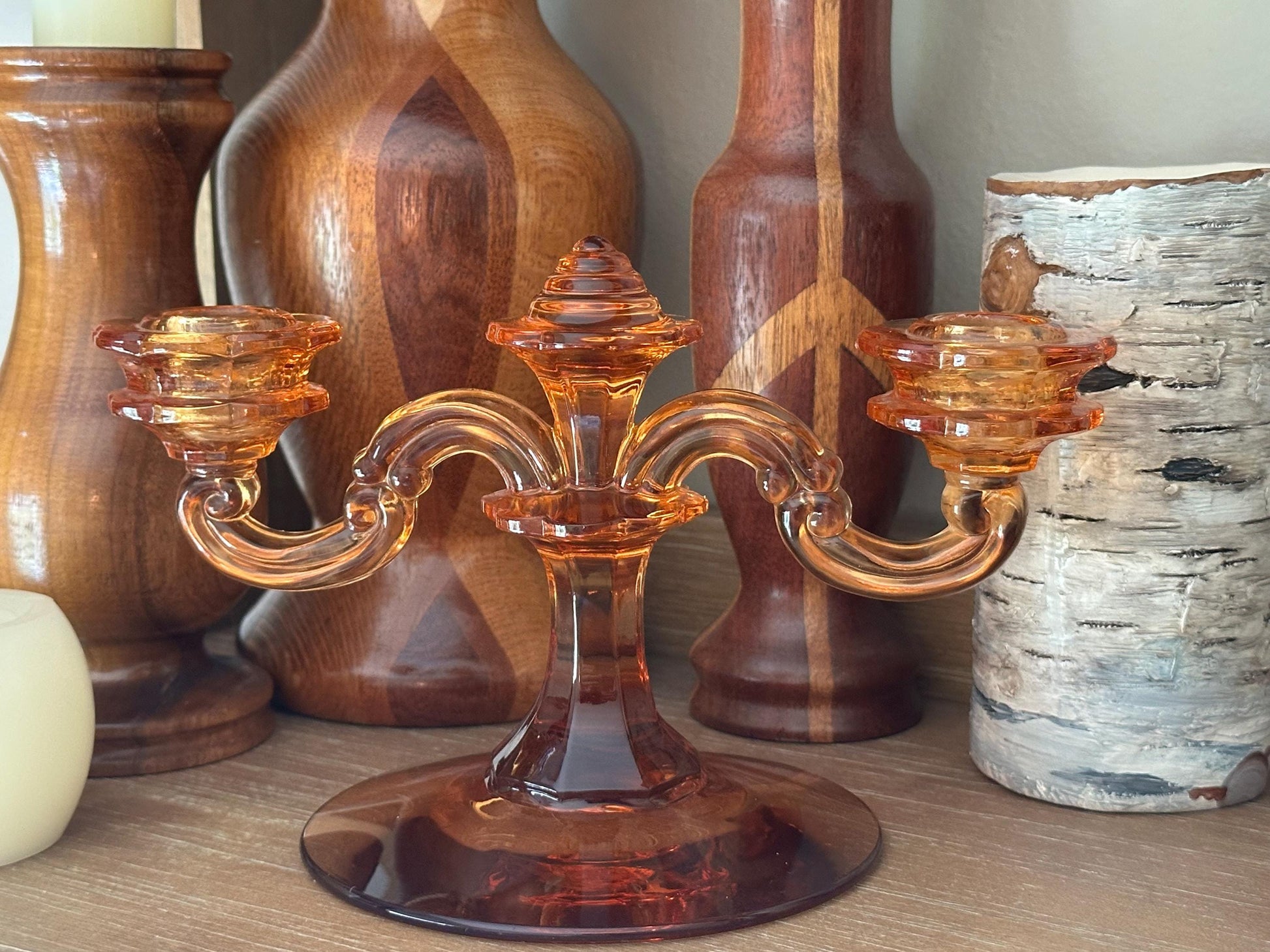 Vintage Amber Glass Double Candelabra Mid Century Pressed Two Arm Candle Holder Art Deco Style Home Decor