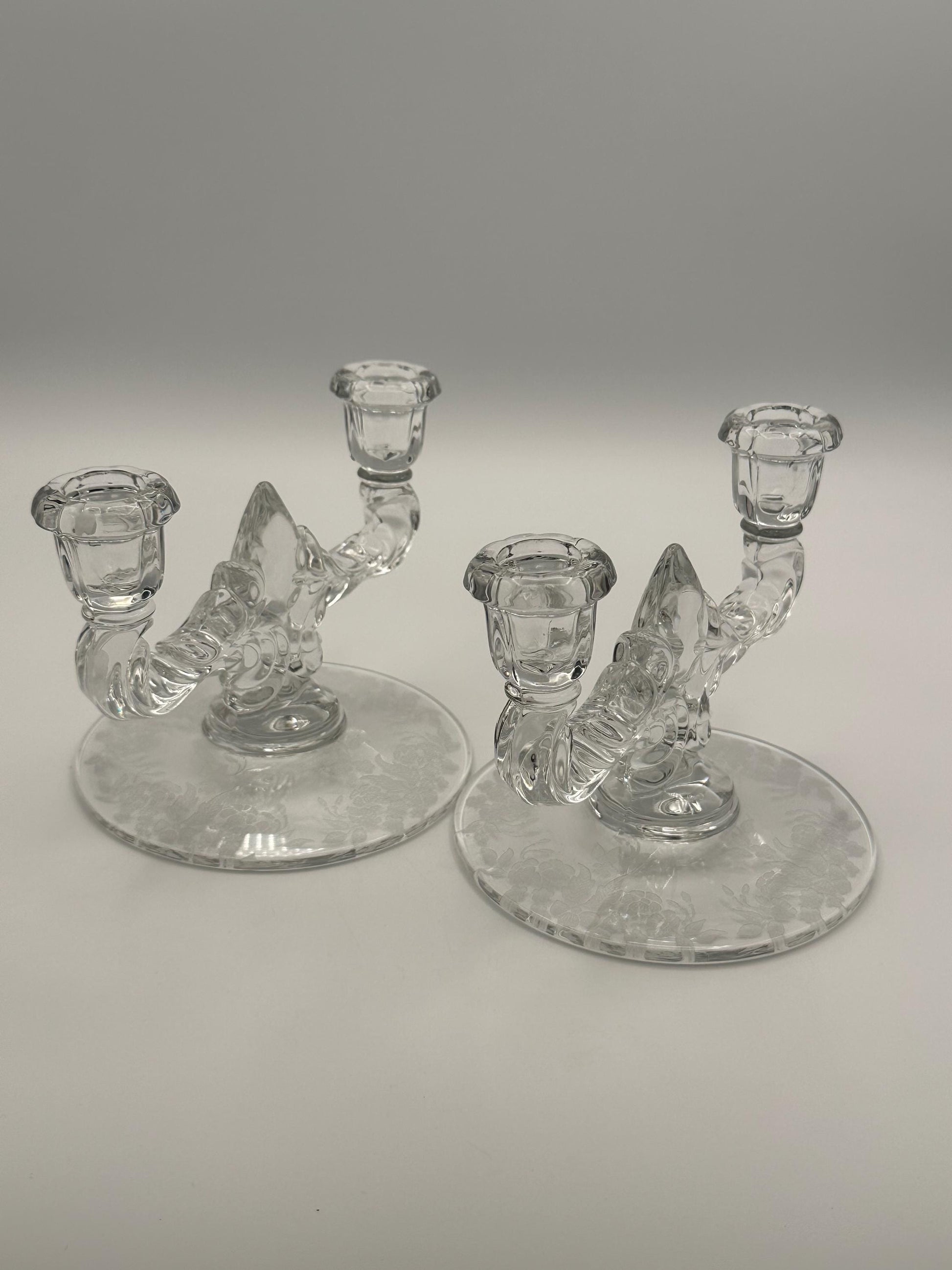 Vintage New Martinsville Teardrop Clear Double Light Candlestick Holders Set Etched Base Classic Decor