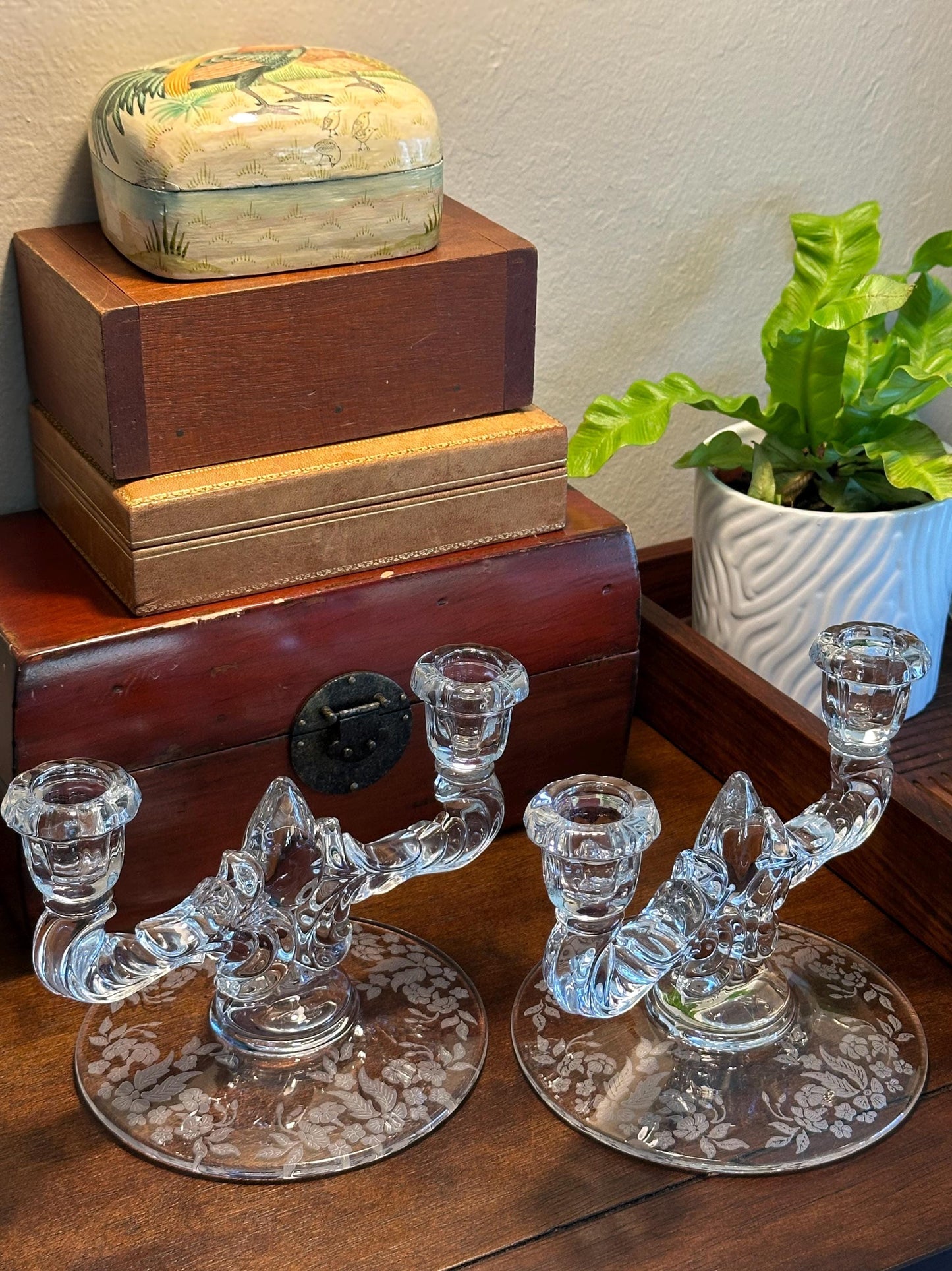 Vintage New Martinsville Teardrop Clear Double Light Candlestick Holders Set Etched Base Classic Decor