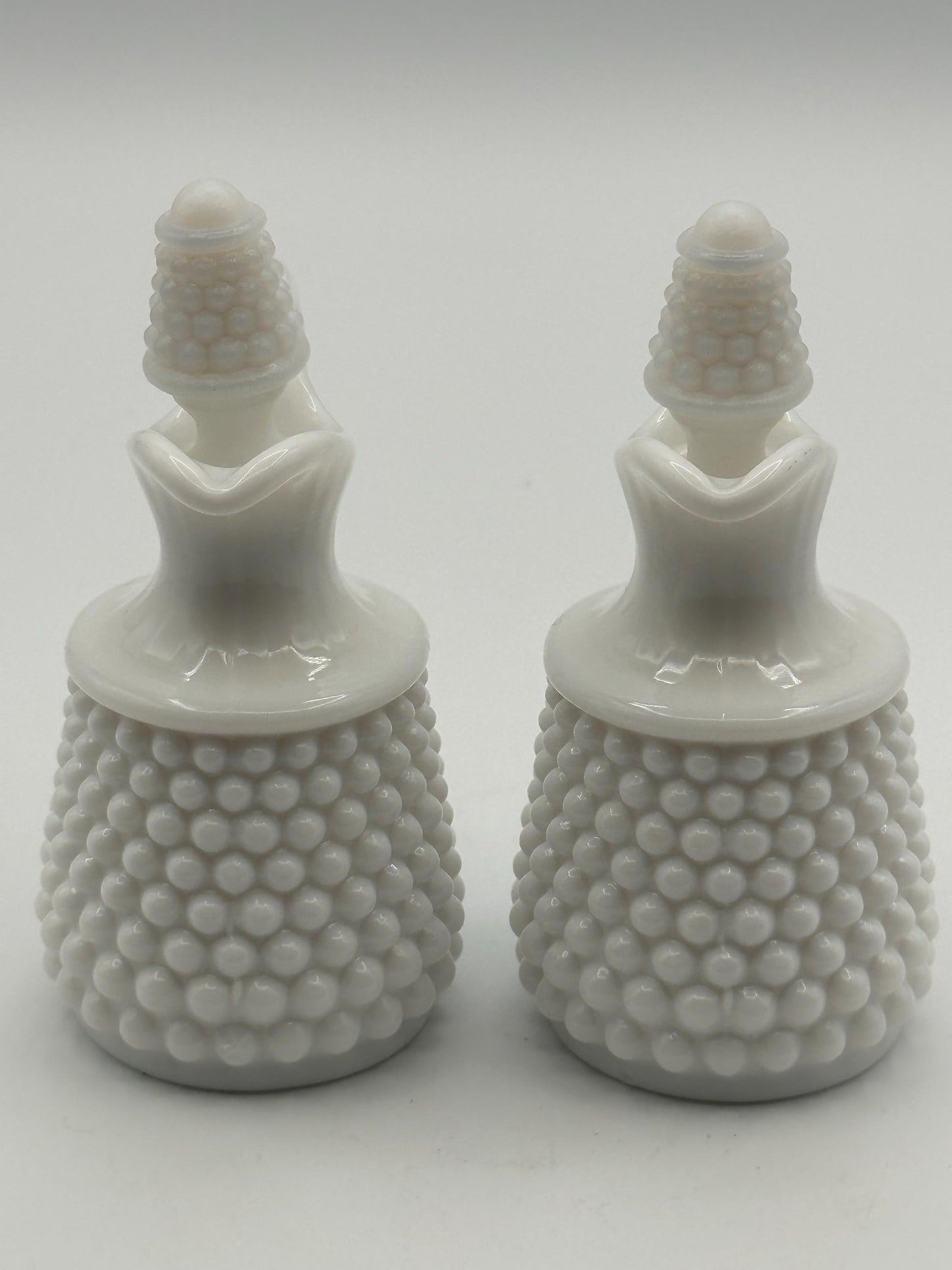 Vintage Milk Glass Hobnail Cruet Set - Oil Vinegar Bottles with Corn Stoppers White Kitchen Serving Pair